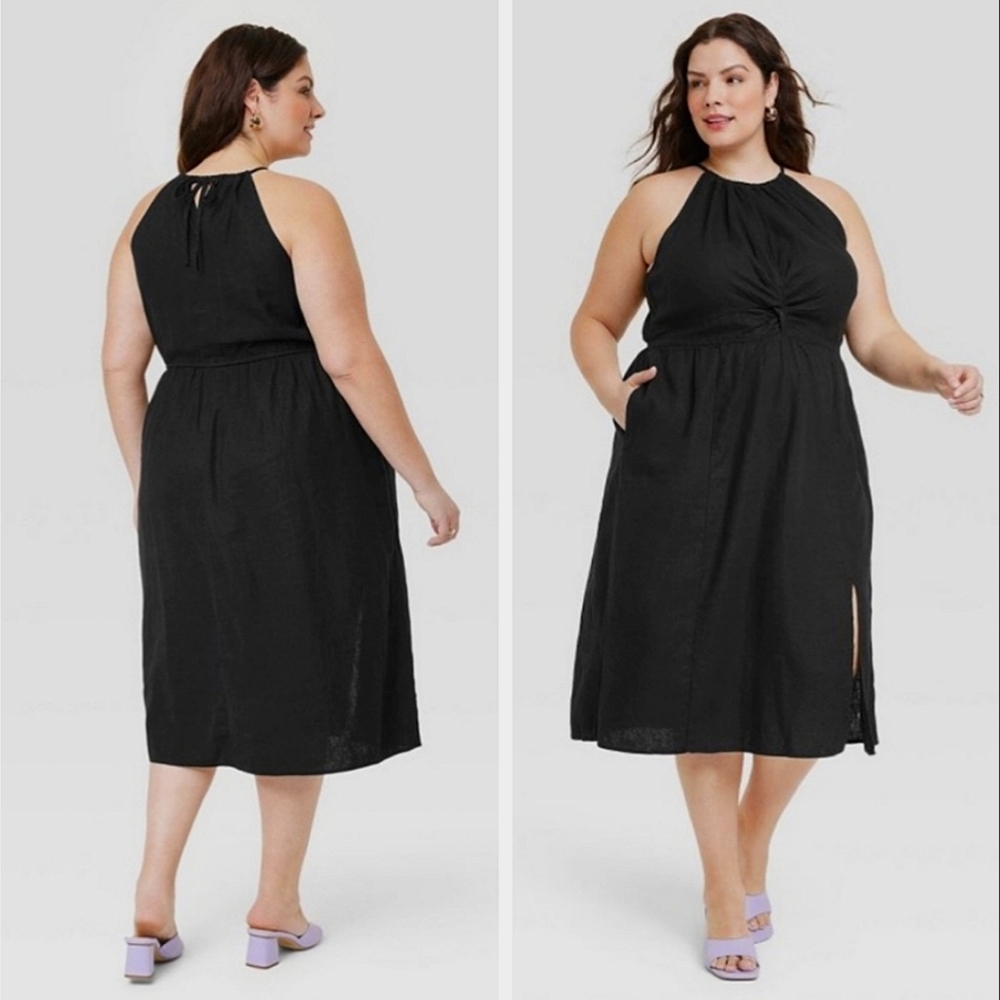 Halter Neck A-line Dress | Ava & Viv | Black Linen Blend Summer Dress
